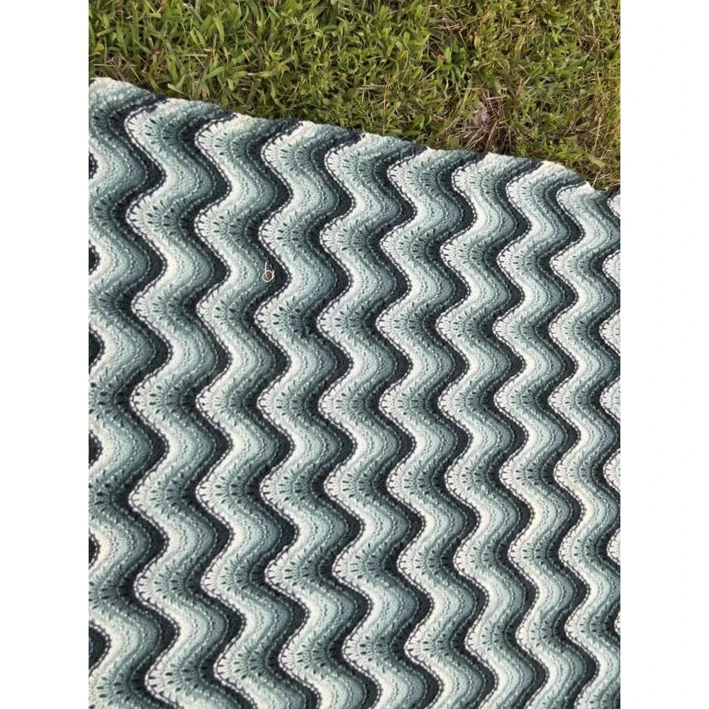 Vintage Crochet Knit Afghan Throw Blanket Multicolor Green White Striped 55